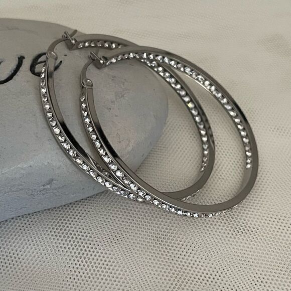 NEW Silver Crystal Large Hoop Earrings - Picture 3 of 10